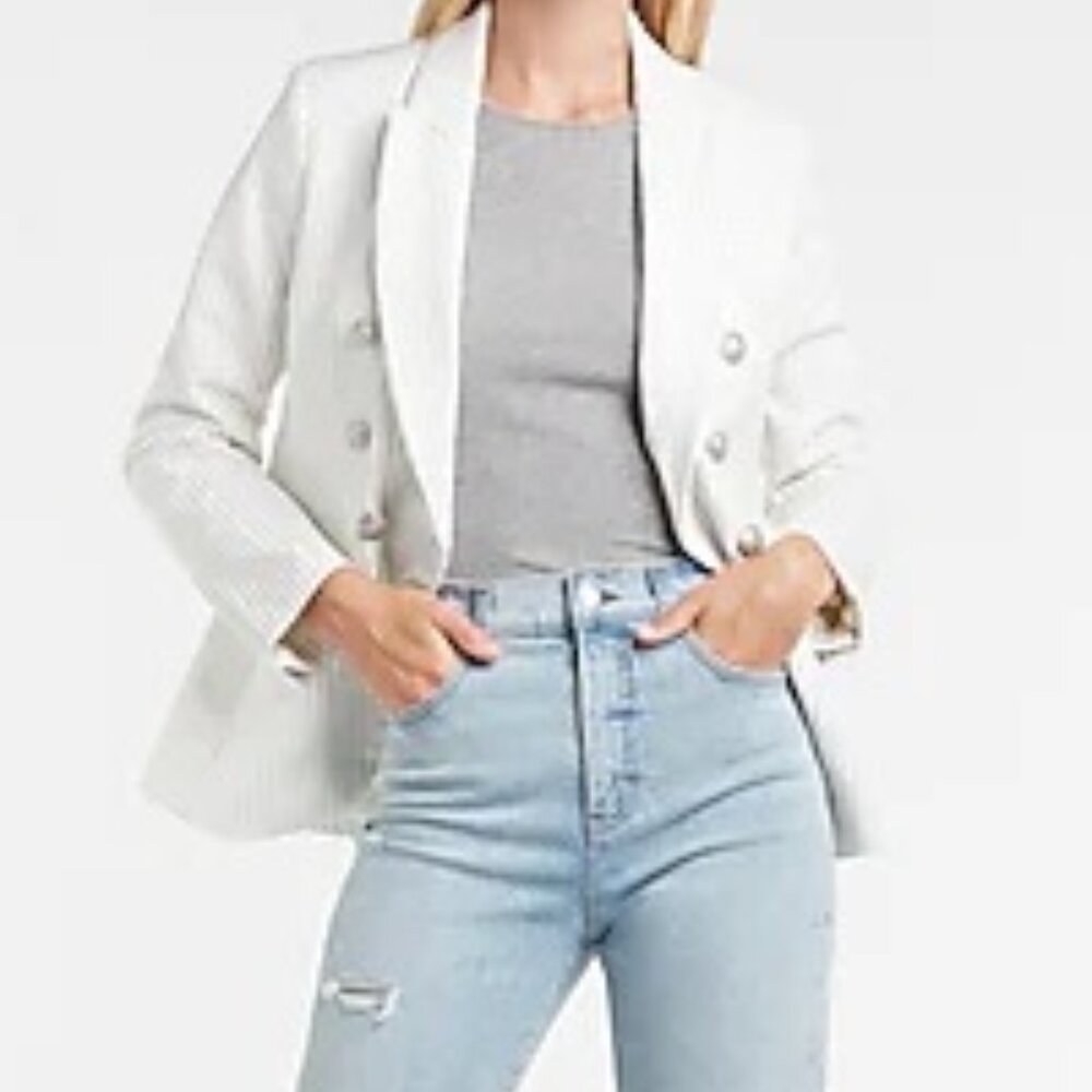 EXPRESS PINSTRIPE DOUBLE BREASTED NOVELTY BUTTON WHITE BLAZER XXS NWT